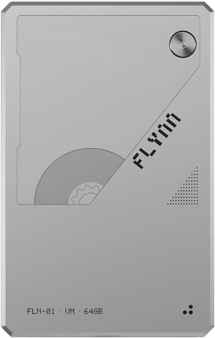 Flynn Kassette in silver aluminium, its display showing 100% and a headset icon