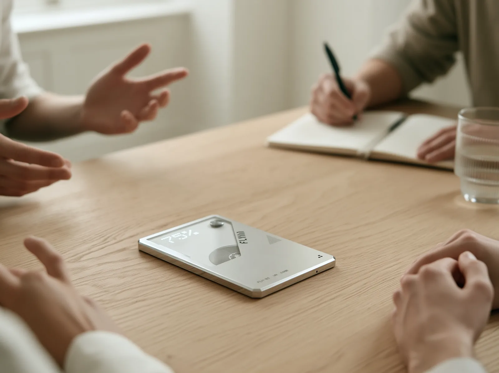 Flynn lying on a meeting table, recording the conversation around it